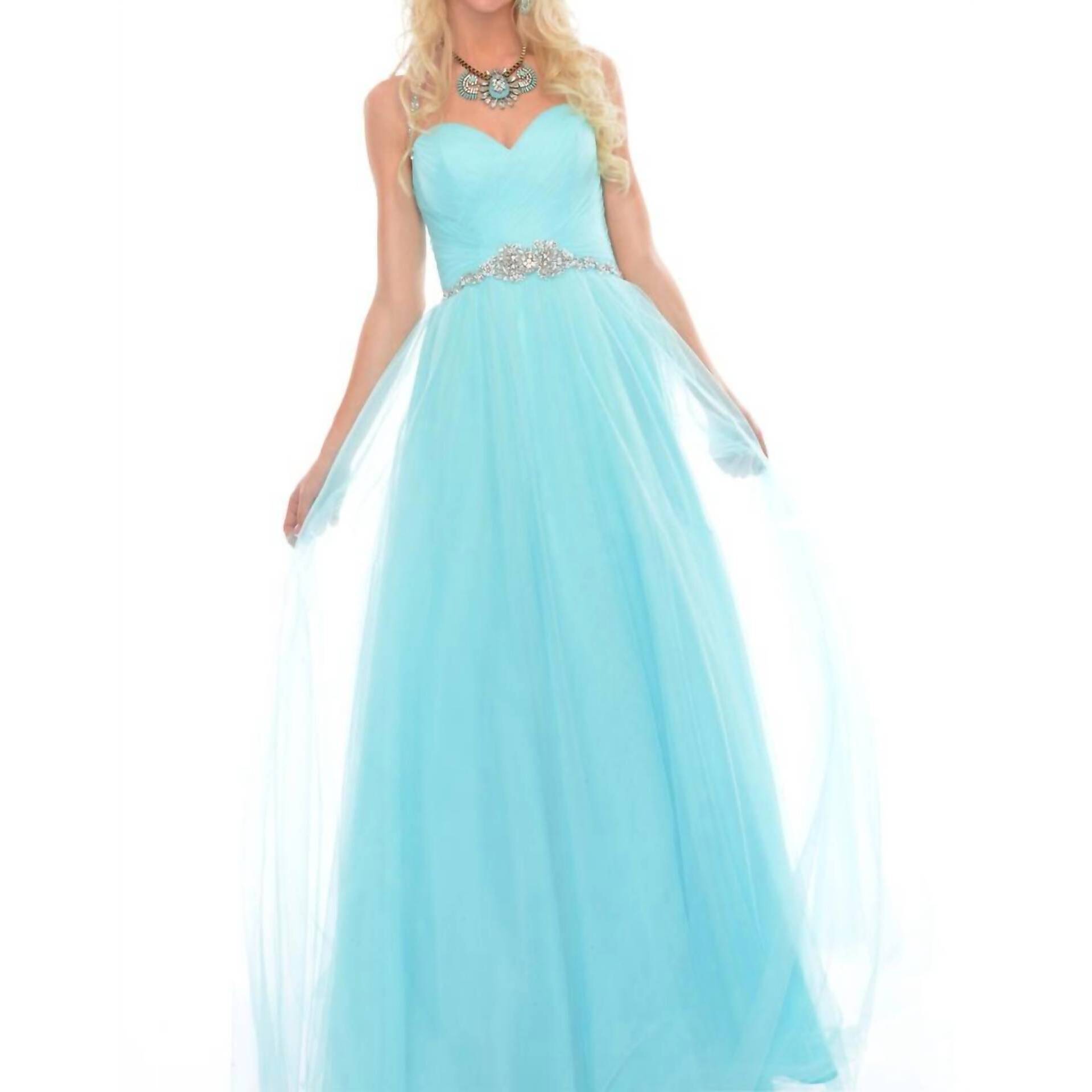 New Precious Formals Hand Beading Illusion Prom Dress In Aqua